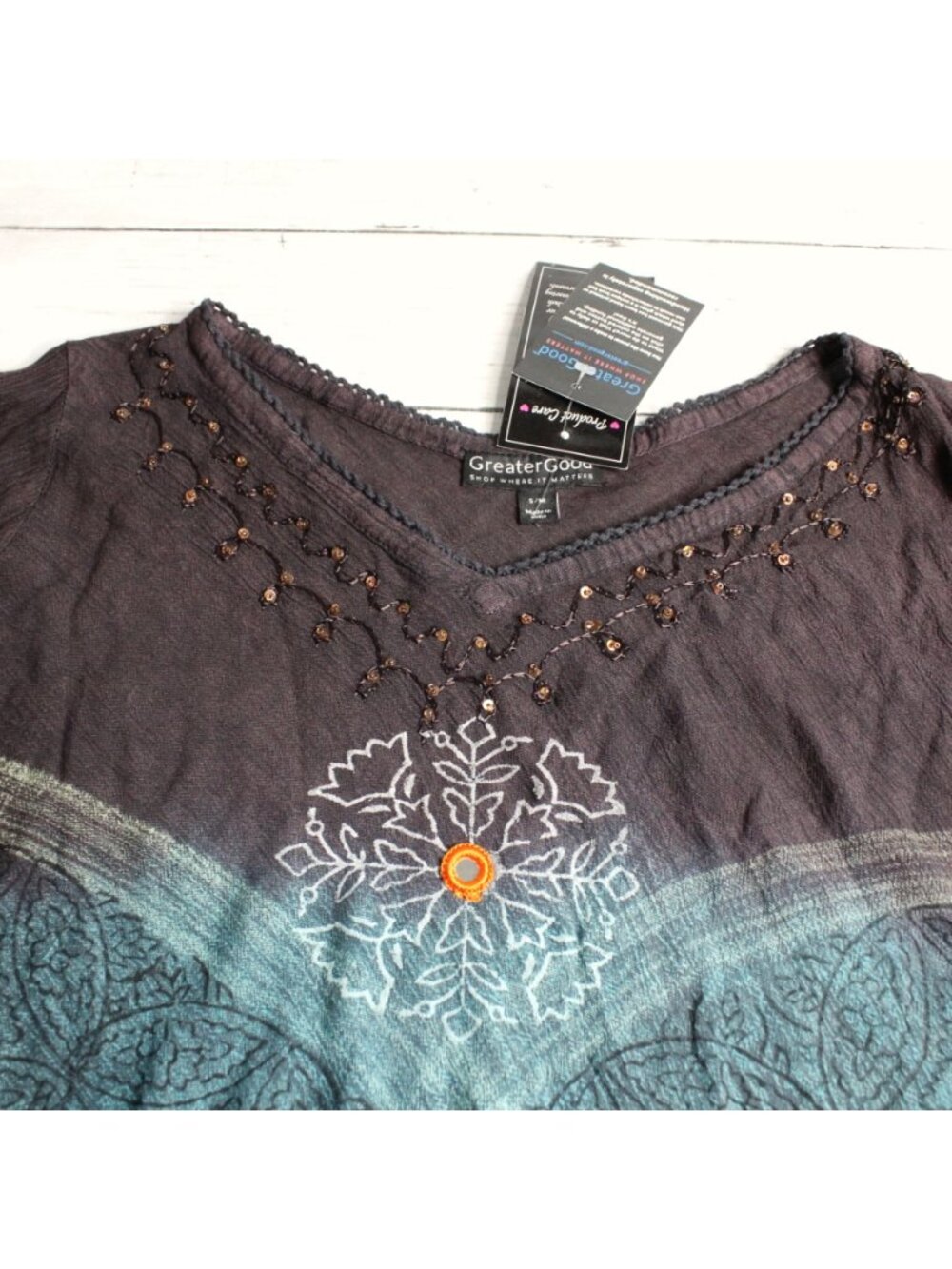 Greater Good Women's Bohemian Tunic Top Size S M Beaded Tie Dye 3/4 Sleeve - Picture 4 of 5